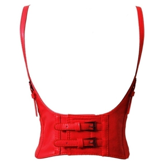 Womens Sexy Steampunk Vegan Red Leather Bustier Underbust Waist Belt Corset - Picture 3 of 7
